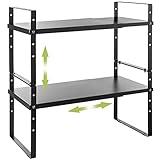 Across-Star Expandable Cabinet Shelf Organizer Rack, Stackable Kitchen Countertop Organizer Storage Shelves, Adjustable Height Pantry Counter Shelf Riser Spice Rack (Black, 2 Pack)