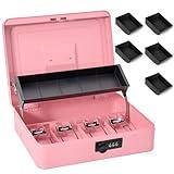 Sgorlds Large Locking Cash Box with Combination Lock and Money Tray, Money Box with Cash Tray, Lock Safe Box for Office Business, 11.8" x 9.5" x 3.5", Pink