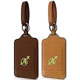 Fathers Day Dad Gifts-Genuine Leather Luggage Tag with Luminous Graphic - 2 Pack Real Leahter Luggage Tags for Suitcases Travel Bag Labels (Brown-Yellow)