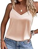 Ekouaer Women's Lace Silk Satin Pajama Tank Tops V Neck Camisole Soft Spaghetti Strap Tops Loose Sleepwear Champagne Medium