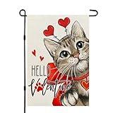 CROWNED BEAUTY Valentines Day Cat Garden Flag Hello Valentine 12x18 Inch Double Sided for Outside Small Burlap Red Holiday Yard Decoration