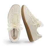CUSHIONAIRE Belinda Women’s Lace Detail Casual Sneakers – Elegant Ribbon Lace-Up Shoes with Memory Foam, Ivory Vegan Suede 8