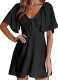 Dokotoo Summer Black Dresses 2024 Fall Fashion Drawstring V-Neck Ruffle Sleeveless Womens Dresses Holiday Party Cocktail Tank Dress Cap Sleeve Mini Dress