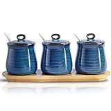 Hasense Porcelain Condiment Jar,10oz Spice Container with Lid Spoon and Bamboo tray,Small Salt Sugar Pepper Seasoning Pots Box Set of 3,Ceramic Condiment Container for Home kitchen Counter(Blue)