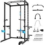 ULTRA FUEGO Power Cage, Multi-Functional Power Rack with J-Hooks, Dip Handles, Landmine Attachment and Optional Cable Pulley System for Home Gym (Power Cage with Pulley System)