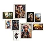 Eastern Print Native American Wall Art, Set Of 9 Pcs Unframed Posters, Native American Tribal Artwork, Indigenous Indian Pictures, America Indian Decor for Bedroom, Livingroom, UNFRAMED