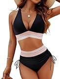 Blooming Jelly Womens High Waisted Bikini Tummy Control Color Block Swimsuits Two Piece Bathing Suit (L, Black)
