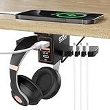 COZOO Headphone Stand with USB Charger Under Desk Headset Holder Mount with 3 Port USB Charging Station (20W PD & QC3.0) and iWatch Stand Smart Watch Charging Dock Dual Earphone Hanger Hook,UL Tested