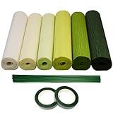 Chaekoy Crepe Paper - 6 Rolls Green 10 Inch Wide Streamers, Flower Making Kits With Floral Tape and Stem Wire for Wedding, Festival, Party, DIY Crafts