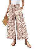 Bestbee Womens Palazzo Pants Dressy Casual Wide Leg Slacks Elastic Waist Business Flowy Pants with Pockets, L, Deep Red Flower-Beige