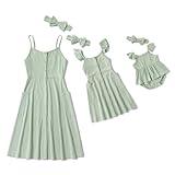 IFFEI Mommy and Me Dresses Matching Set Solid Front Button Family Matching Sleeveless Dresses with Headband and Pockets 9-12M Green Mint