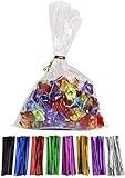 MoloTAR 100 Pcs 10 in x 6 in(1.4mil.) Clear Flat Cello Cellophane Treat Bags Good for Bakery, Cookies, Candies,Dessert with 5 random Twist Ties!