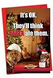 NobleWorks - Humorous Animal Christmas Greeting Card with 5 x 7 Inch Envelope, Xmas Funny Cat and Dog for Men and Women and Their Pets(1 Card) - Merry Christmas Holiday Think Santa Ate Them 1957