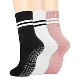 Pilates Socks with Grips for Women Yoga Non Slip Grippy Barre Dance Socks 3 Pairs-Black White Pink One Size