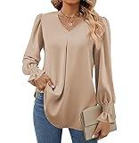 Funlingo Womens 2024 Dressy Causal Blouses Fall Long Puff Sleeve Tunic Tops Flowy Chiffon V-Neck Business Shirts Work Clothes Khaki Plus XX-Large