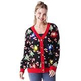 Giggling Getup Women Ugly Christmas Cardigan Sweaters, Funny Light Up Christmas Ugly Sweater for Women, Candy Cane V-Neck Cardigan Sweater for Women