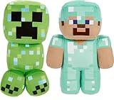 Mattel Minecraft Plush Figure 2-Pack, Steve in Diamond Armor & Charged Creeper Set, Soft Character Dolls in 8-inch Scale