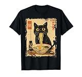 Dirhame Funny Japanese Cat Ramen Anime Kawaii Cat Eating Ramen Noodles T-Shirt, Unisex-Adults, Anime Fans, Girls, Young Females, Black, Small, Short Sleeve, T-Shirt