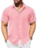 COOFANDY Button Shirts for Men Short Sleeve Shirts Summer Casual Shirt Beach Wedding Guest Dress Shirt Pink