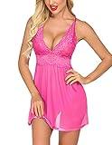 Avidlove Women Lingerie Lace Babydoll Strap Chemise Halter Teddy V Neck Mesh Nightgown Hot Pink XS