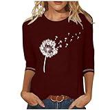 Ceboyel Womens Dandelion Graphic Tees 3/4 Sleeve Length Blouses Tops Dressy Causal Shirt Tshirts Trendy Vacation 2024 Clothes Bohemian Tops for Women Wine 4X