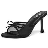 Mostrin Black Mesh Mules Heels with Bow Open Round Toe Stiletto High Heels for Women Dress Slip On Backless Heeled Sandals for Party Holiday Size 10