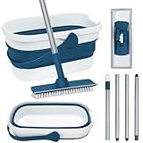 Collapsible Mop and Bucket Set with Scrub Mop and Brush, Tile Laminate Hardwood Floor Brush and Flat Mops for Floor Cleaning, Foldable Bucket with Washable Microfiber Mop(Blue)