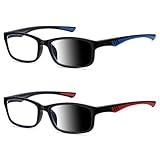 LKEYE Sport Reading Glasses Men Photochromic Lens Blue Light Blocking Computer Reader Wide Style Spring Hinge Eyeglasses 2Pack Red Blue LK6082 +3.00 Strength