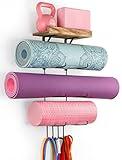 VINAEMO Yoga Mat Holder Accessories Wall Mount Organizer Storage Decor Foam Roller and Towel Storage Rack with 4 Hooks and Wooden Shelves Yoga Mats Rack Resistance Bands for Home Gym School Office