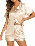 Ekouaer Womens Satin Silk Pajamas Set Short Sleeve Button Down Top and Shorts Sleepwear 2 Piece Pjs Set,Champagne,Large