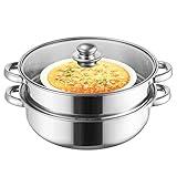 ZENFUN Steamer for Cooking, Steamer Pot with Steamer Insert, 2 Tier Stack and Steam Pot Set with Glass Lid, Stainless Steel Steamer Pot Double Handle, 11 Inch（Thickened）