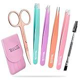 TsMADDTs 6 PCS Tweezers Set for Women, Eyebrow Tweezers with Curved Scissor for Ingrown Hair, Hair Plucking Daily Beauty Tools with Leather Travel Case
