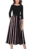 VFSHOW Womens Black Red White Striped Print Work Business Office Patchwork Pockets Belted Pleated Casual A-Line Midi Dress 6623 BLK L