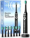 Bymore Electric Toothbrush for Adults,Travel Sonic Toothbrush with 8 Replacement Heads, Ultra Clean Rechargeable Toothbrush Portable One Charge for 330days 5 Modes 2mins Timer-Black