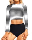 Pinup Fashion Long Sleeve Swimsuit Women Rash Guard Two Piece Stripe UV UPF 50+ Swim Top Bathing Suit with Bottom