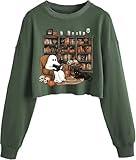 KNBUO Women's Ghosts Reading Books Crop Sweatshirt Fall Halloween Lantern Long Sleeve Pullover Funny Family Matching Tops（M,03ADark Green）