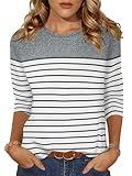Zeagoo Cute Tops For Women's Round Neck Color Block 3/4 Sleeve Blouse Going Out Tops Fashion Spring Summer Grey Stripe