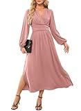 Dokotoo Formal Dresses for Women Elegant Wrap V-Neck Lantern Sleeve Empire Waist Wedding Guest Dress Side Slit Ruched Smocked Maxi Dress Pink Large