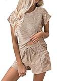 Ekouaer Pajamas Set for Women 2 Piece Pjs Ribbed Knit Lounge Set Cap Sleeve Loungewear Sleepwear Khaki M