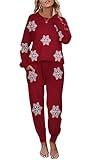 Ekouaer Women's 2 Piece Lounge Set Long Sleeve Knit Pajamas Sweatsuit Jogger Pant Outfits With Pockets,Christmas Red,Medium