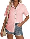 ZAAYO Womens Short Sleeve Linen Shirts Casual Buttons Down Soft Tops Roll Up Solid Blouses V Neck Blouses Light Pink