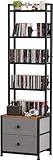 Epouseter CD Storage Rack with Drawer, 5-Tier DVD Organizer Shelf w/Adjustable Book Stoppers, Media Storage Rack for CD/DVD, Books & Games, Ideal for Living Room & Home Office – 15.7x11.8x56.5Inches
