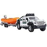 Pickup Truck Trailer Towing Speed Boat 2 in 1 Playset Diecast Model Car Metal Pull Back Toy Cars 1/36 SUV Vehicle Outdoor Sandbox Adventure Play Set Doors Open Light Sound Boys Toys Kids Gifts