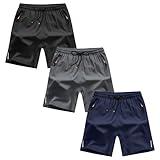 ANHDM Boys Athletic Shorts Quick Dry Lightweight Running Sport Shorts with Zipper Pockets (Pack of 3), Z/Black&Grey&Navy, 11-12T