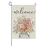 Welcome Pink Garden Flag Mason Jar 12x18 Inch Double Sided Pink Camellia Garden Flags for Outside Small Burlap Holiday Flag for Patio, Lawn & Garden Outlet Decor