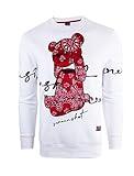 SCREENSHOT-F1122 Mens Urban Hip Hop Premium Fleece - Head Lifting Paisley Cartoon Teddy Bear Crew Neck Streetwear Sweatshirt-White/Red-Medium