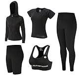 ZETIY Women's Workout Clothes Set Activewear 5pcs Tracksuits for Fitness Yoga Running Athletic - Black - S