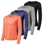 4-Pack: Womens Dry-Fit Long Sleeve V-Neck Shirt Tops T-Shirt Fashion Workout Gym Tees Athletic Active Adult Ladies Tshirt Clothing Fall Casual Outfit V Running Activewear Exercise UPF - Set 5, S