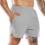 MIER Men's Active Running Shots 5 Inch Exercise and Fitness Training Shorts with Zipper Pockets, Light Grey, M