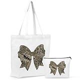 Retro Mama Gifts Leopard Print Bow Mom Birthday Gifts Canvas Tote Bag Makeup Bag Set, New Mom Gift for Women Mommy to Be Mother in Law Mothers Day Christmas Reusable Grocery Bags Travel Cosmetic Bags